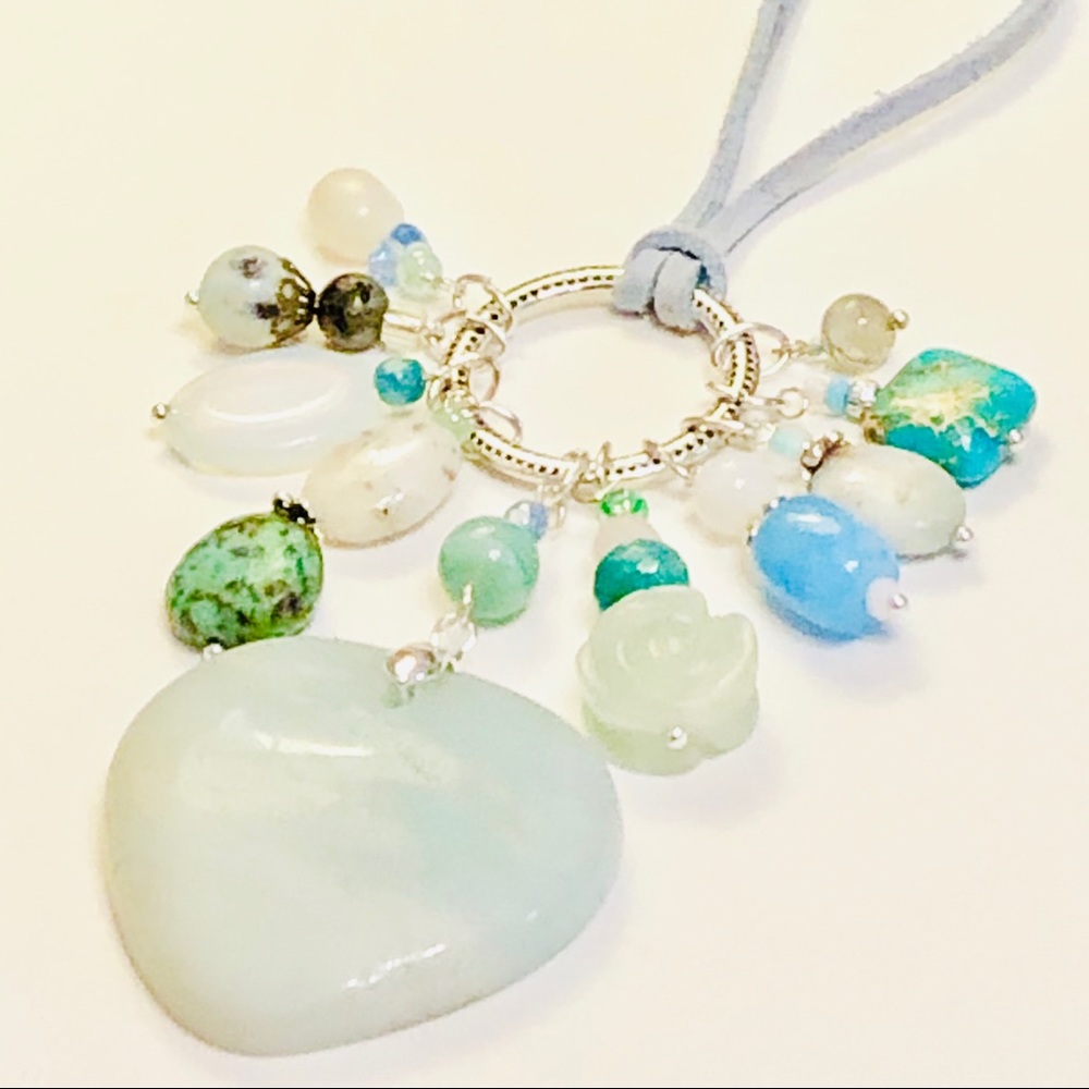 BOHO SPRING DAY Mixed-media Amazonite Stone Jasper Assemblage Necklace Earrings